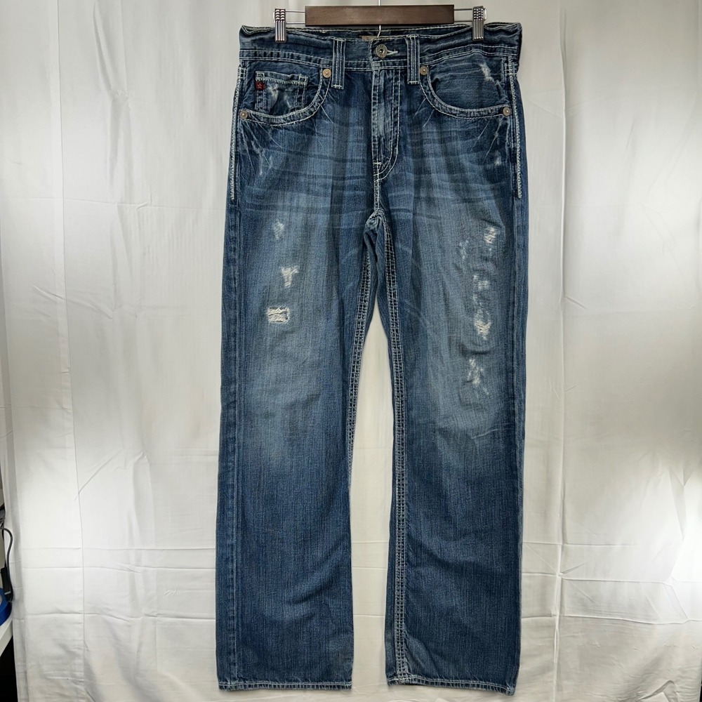 Big Star Pioneer Jeans Mens 34L Blue Distressed Bootcut Buckle Exclusive